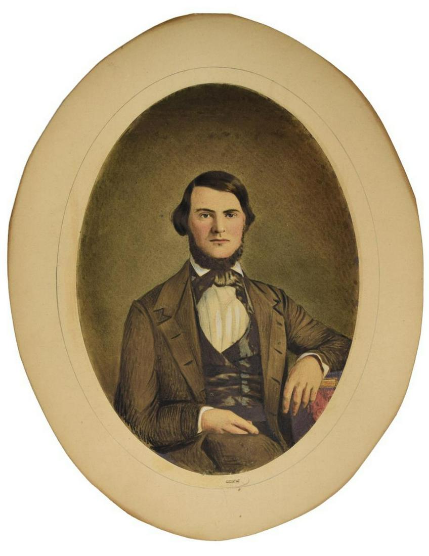 F. GUTEKUNST PAINTED PHOTOGRAPH JOSEPH VEAZEY: Framed American painted photograph portrait, Joseph Wallace Veazey (1815-1854), son of Col. Thomas Ward Veazey (1774-1842) and Mary Wallace Veazey (1789-1867), embossed stamp for Frederick Gutekunst (