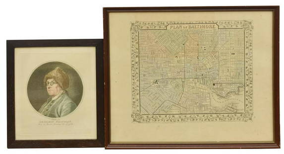 (2) BEN FRANKLIN RUOTTE & BALTIMORE MAP ENGRAVINGS: (lot of 2) Framed engravings on paper, including: (1) Benjamin Franklin (American, 1706-1790), after the original drawing by Charles Nicolas Cochin II (French, 1715-1790), engraved by C. Ruotte (Louis