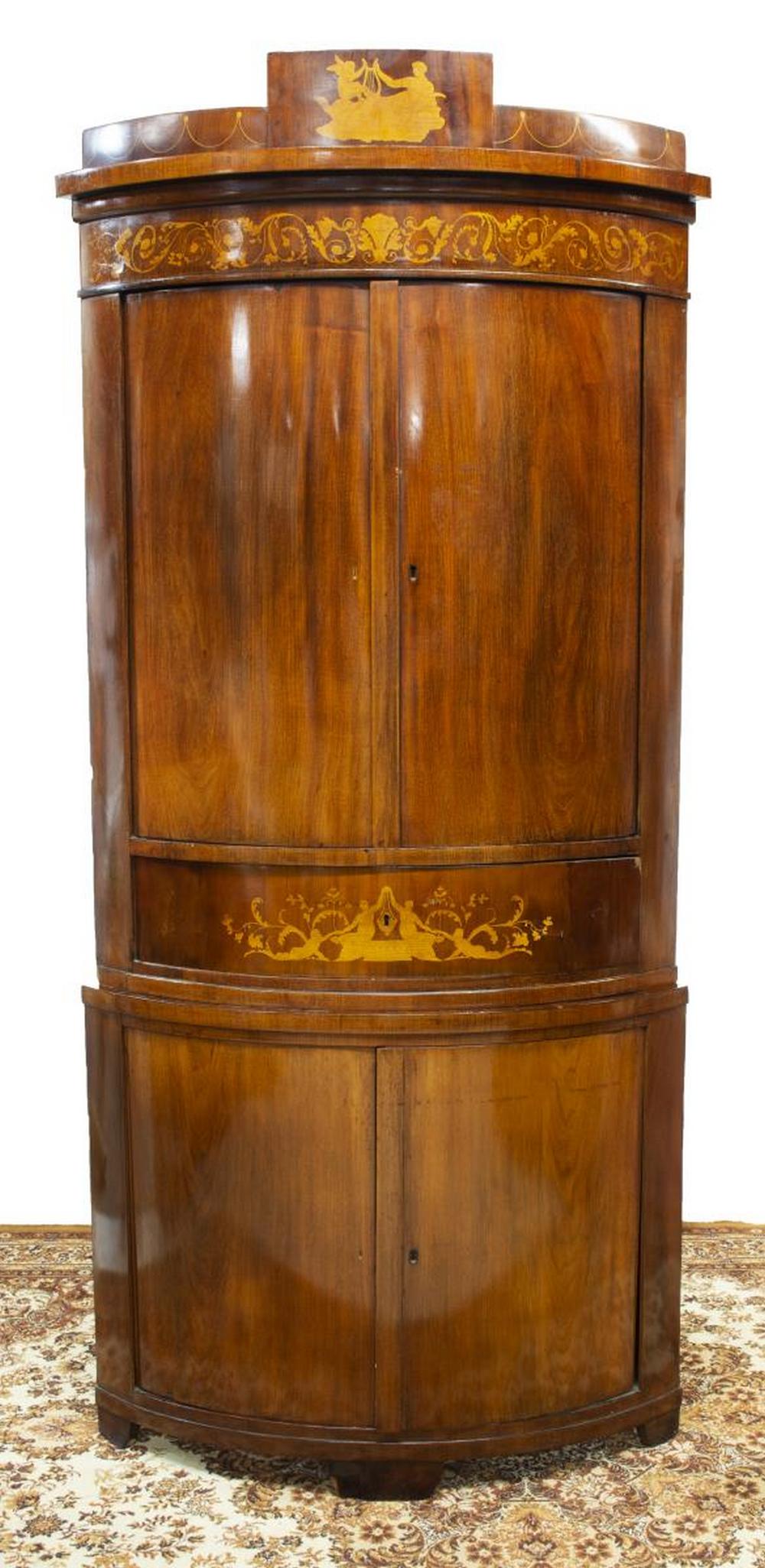 DANISH EMPIRE MARQUETRY CORNER CABINET, 90"H (1 of 4)