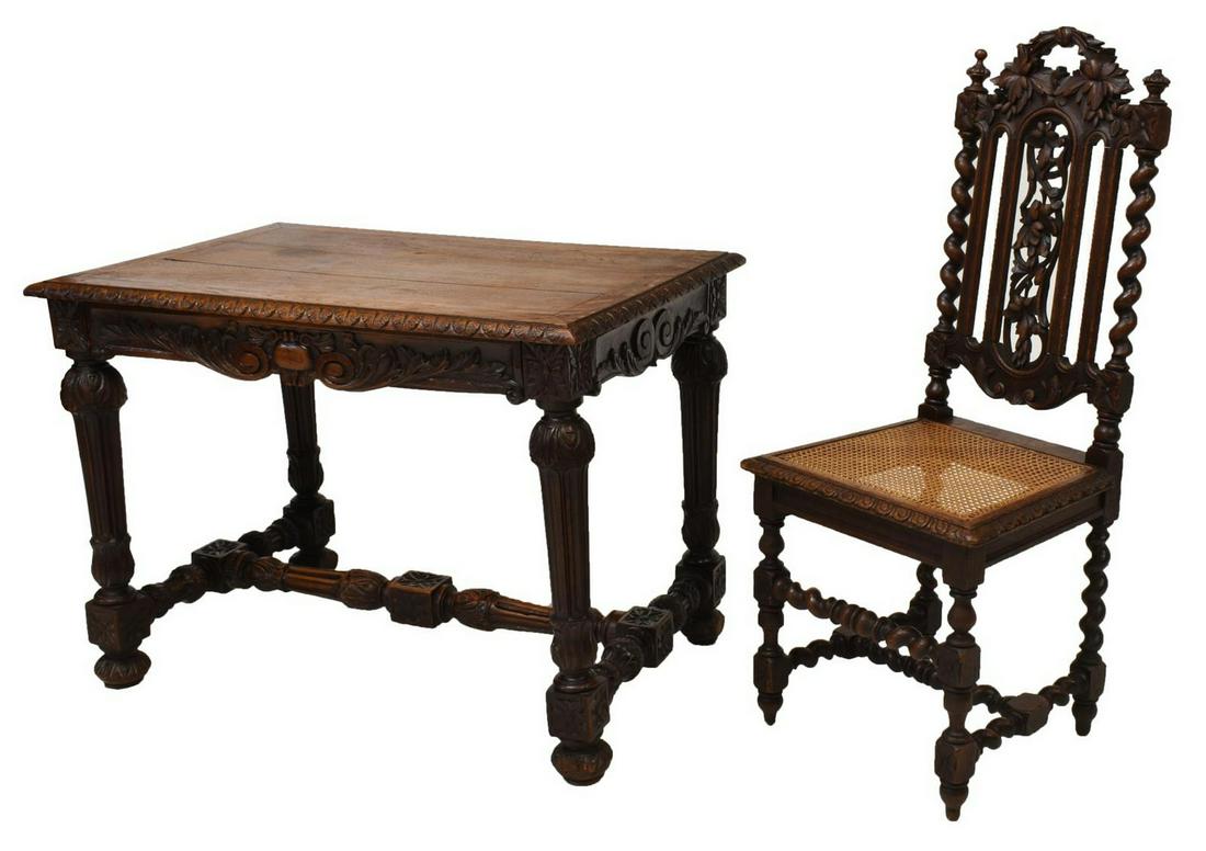 (2) FRENCH HENRI II STYLE OAK WRITING DESK & CHAIR (1 of 6)