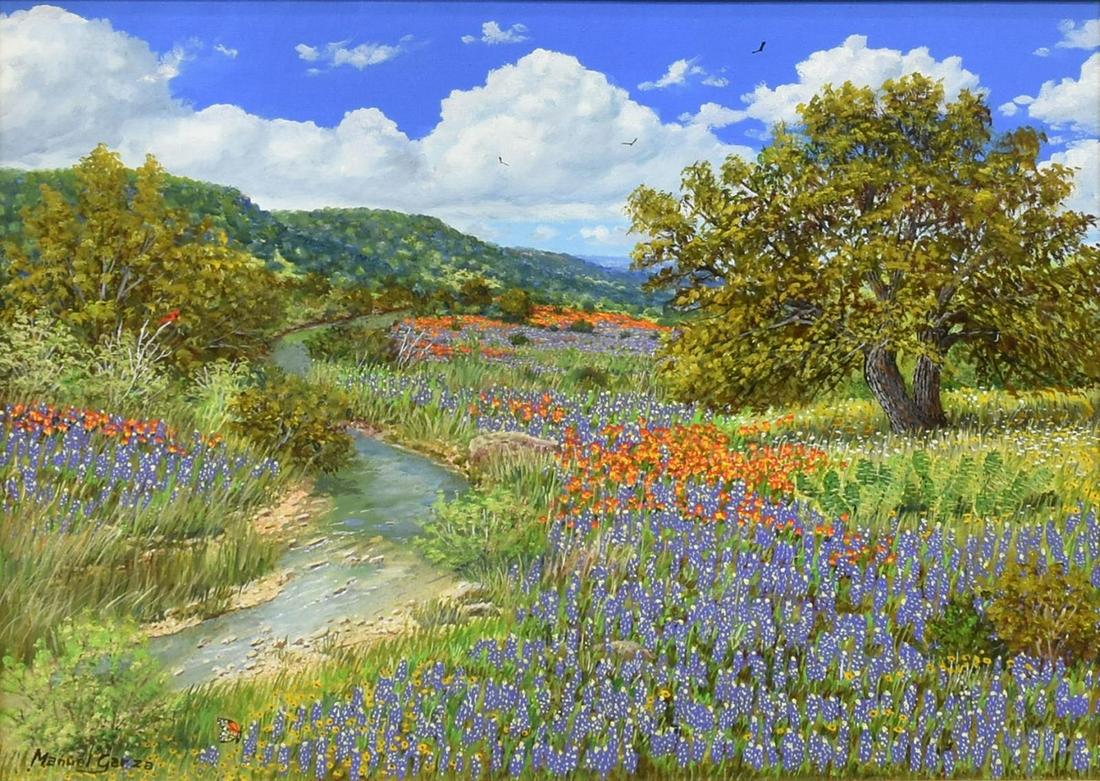 MANUEL GARZA (B.1940) BLUEBONNETS ALONG A CREEK (1 of 4)