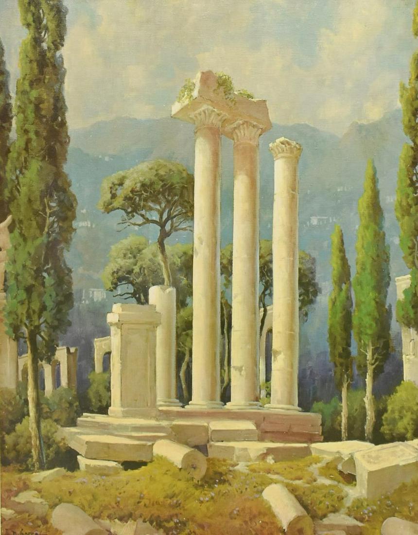 A.D. GREER (D.1998) COLUMNS FROM THE PAST 30"x24": Framed oil painting on canvas, Columns from the Past, signed lower left A.D. Greer (Aubrey Dale Greer, Texas, Oklahoma, 1904-1998), sight, 29.5"h, 23.5"w, overall: 37"h, 31"w, 9.25lbs Start Price: $30