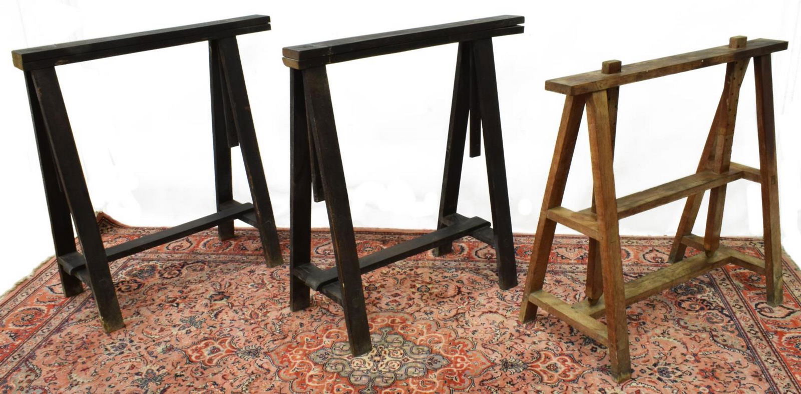 3) ANTIQUE FRENCH OAK & PAINTED TRESTLE SAWHORSES (1 of 2)