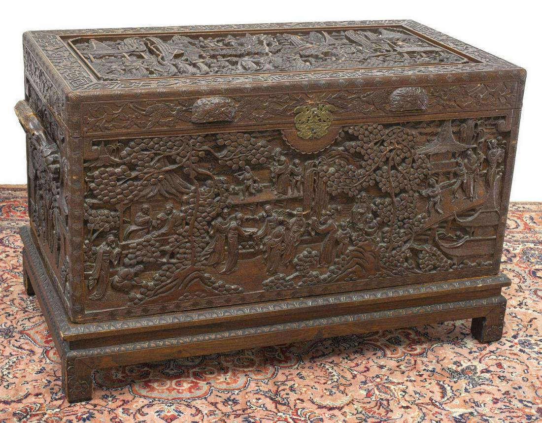 CHINESE LATE QING CARVED CAMPHOR TRUNK ON STAND (1 of 6)