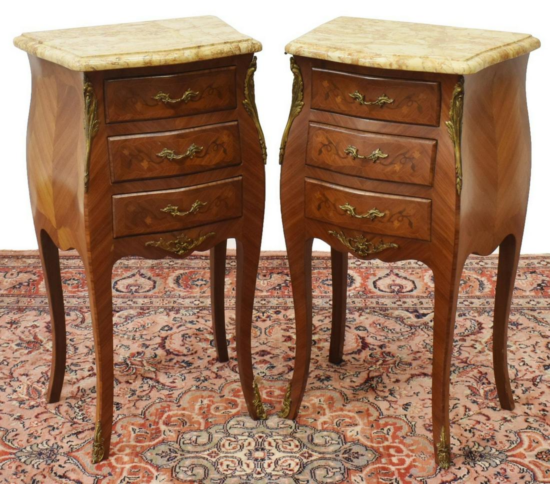 (2) FRENCH LOUIS XV STYLE MARBLE-TOP NIGHTSTANDS: (pair) French Louis XV style marble-top mahogany nightstands, 20th c., marble top over parquetry case, three drawers with floral marquetry, rising on cabriole legs, ending in sabots, approx 30"h, 16.7