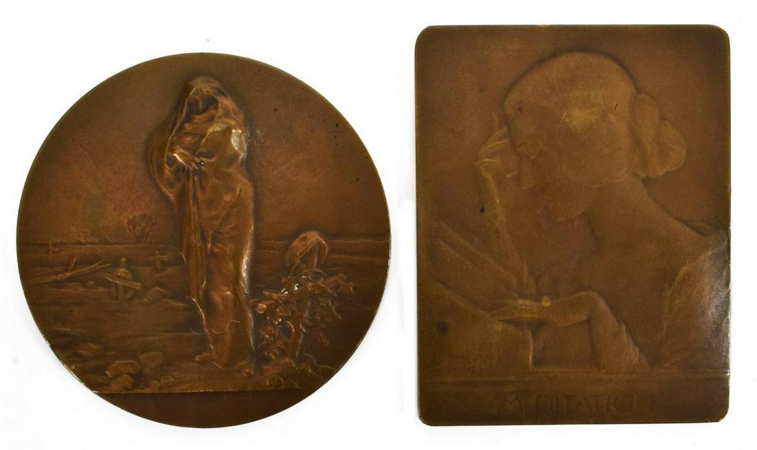 (2) FRENCH BRONZE MEDALS BARBARIANS & MEDITATION: (lot of 2) French bronze medals, including: (1) "The Work of the Barbarians," c.1916, Marcelle Renee Lancelot-Croce (French, 1836-1938), issued by the French Mint, approx 2 3/8"diam, (1) "Meditation,"