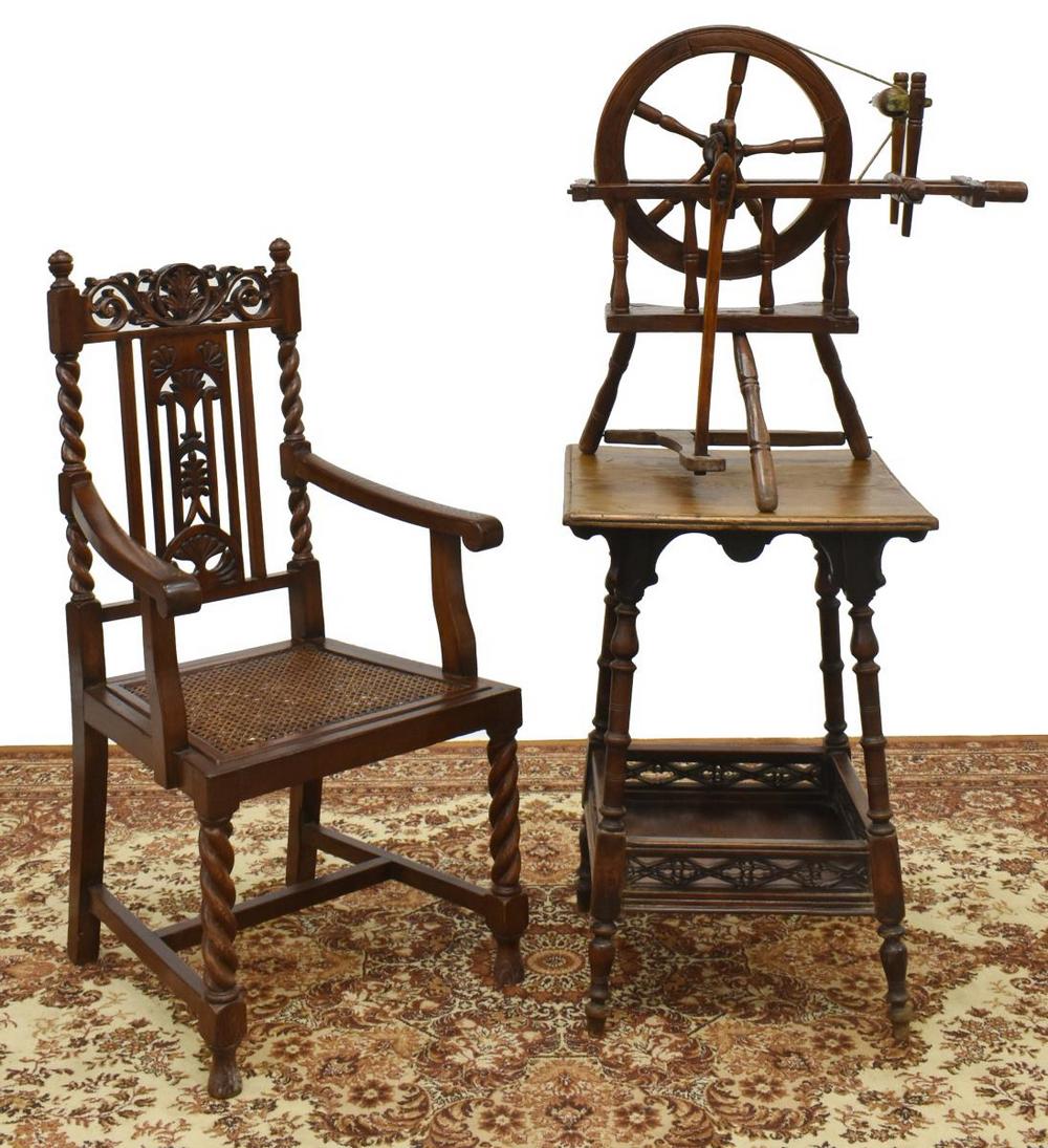 3) CHINESE CARVED ARMCHAIR, TABLE & SPINNING WHEEL (1 of 5)