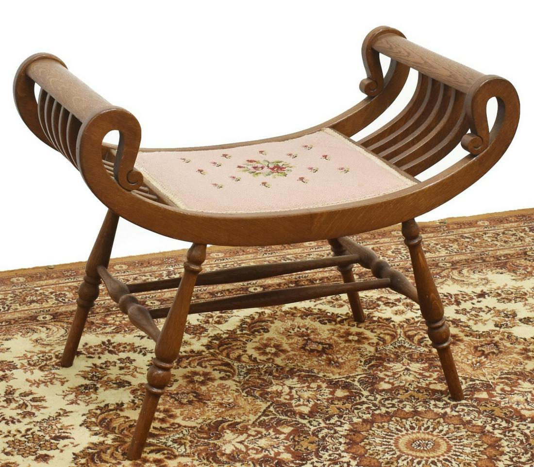 AMERICAN OAK & FLORAL UPHOLSTERED BENCH (1 of 3)
