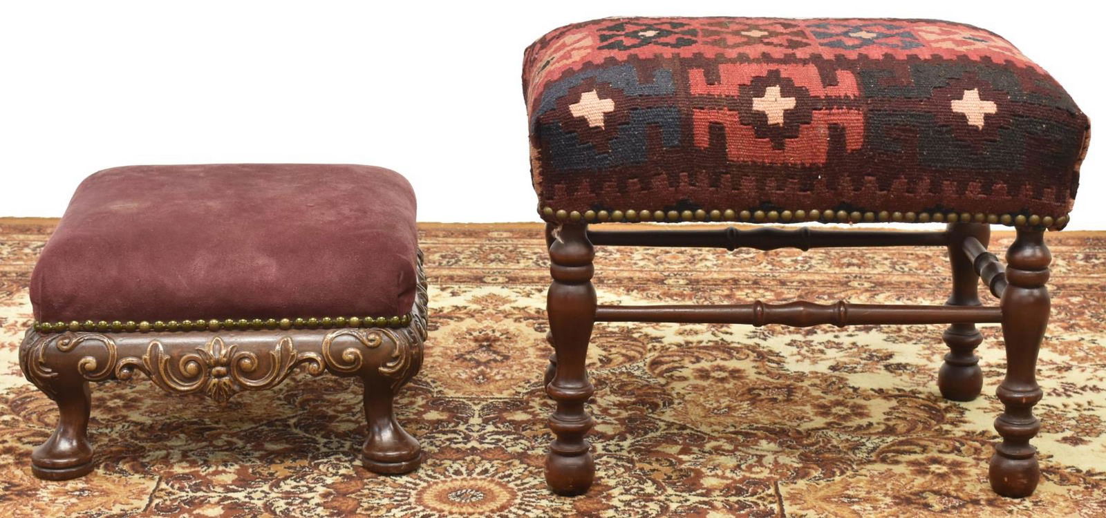 (2) FOOTSTOOLS, (1) IN KILIM UPHOLSTERY (1 of 3)