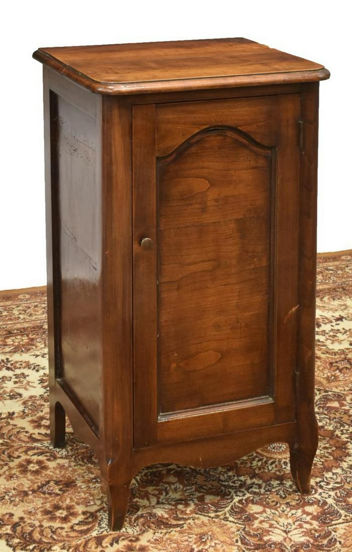 FRENCH LOUIS XV STYLE FRUITWOOD NIGHTSTAND 19TH C.: French Louis XV style fruitwood nightstand, 19th c., having rounded rectangular top, paneled cabinet door opening to interior shelves, on cabriole supports, approx 29.5"h, 16.5"w, 15.25"d Start Price: