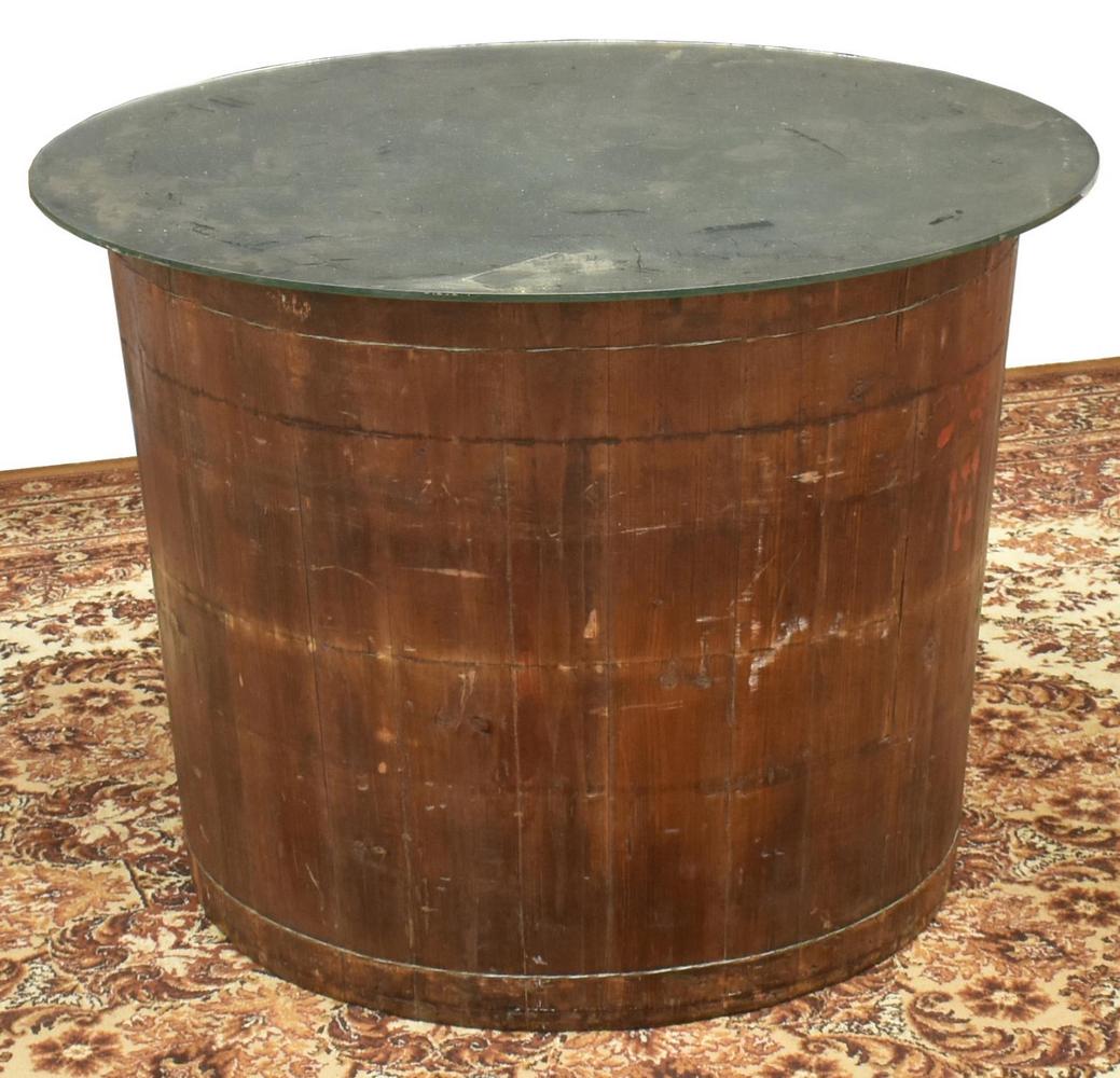 GLASS-TOP WOOD STAVE BARREL SIDE TABLE (1 of 4)