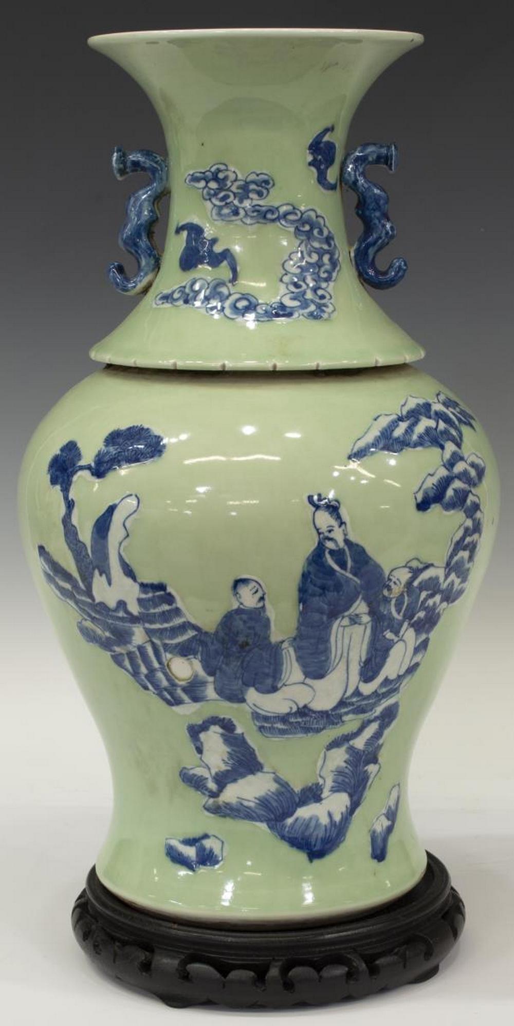 CHINESE CELADON & BLUE PORCELAIN VASE & STAND (1 of 2)