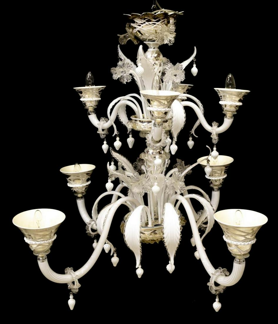 ITALIAN MURANO ART GLASS EIGHT-LIGHT CHANDELIER: Italian Murano art glass eight-light chandelier, mid 20th c., having glass standard with bowl-form base, issuing foliate and floral adornments, with eight scrolled arms terminating in glass shades, ea