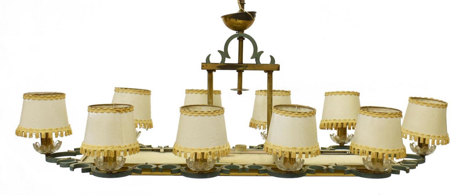 FRENCH VERDE PATINATED METAL 10-LIGHT CHANDELIER: French verde patinated metal ten-light chandelier, mid 20th c., having dual gilt metal standards, holding a flat rectangular textured and frosted glass shade, verde patinated metal scrollwork accents,
