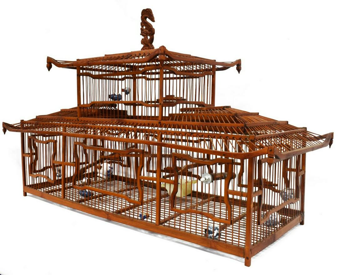 CHINESE PAGODA-STYLE BIRD CAGE & WATER POTS (1 of 7)