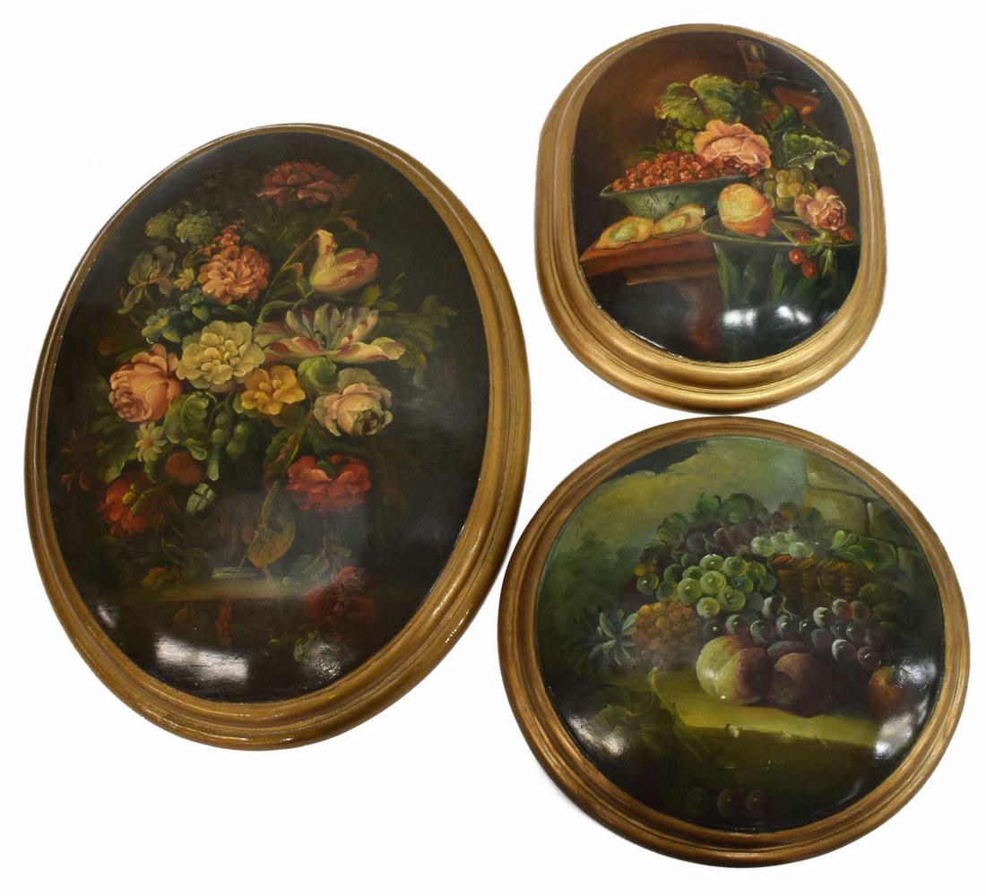 (3) PAINTED FRUIT & FLORAL STILL LIFE WALL PLAQUES (1 of 4)