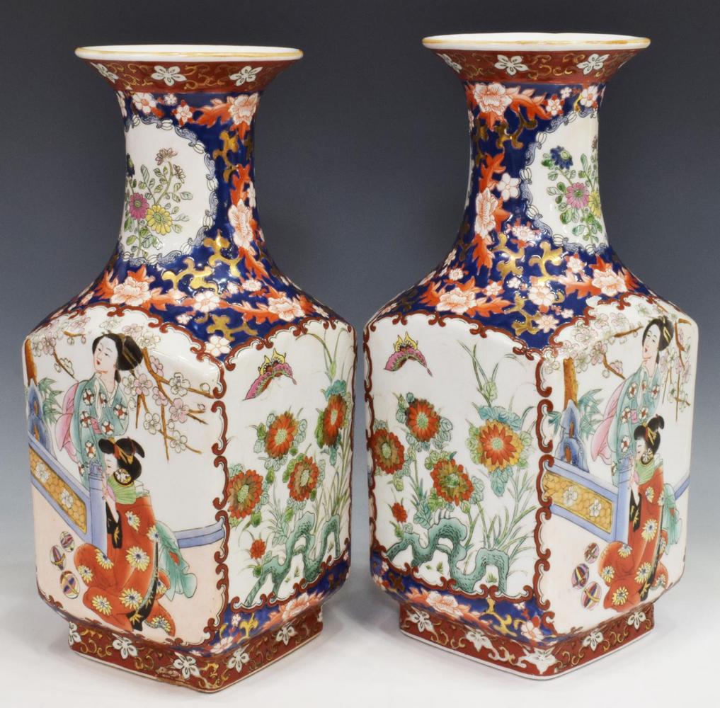(2) JAPANESE STYLE IMARI PORCELAIN SQUARE VASES: (pair) Japanese style parcel-gilt porcelain vases, in the Imari palette, each having flared rim over tapered neck and rectangular form, with figural and floral reserves, amidst scrolled foliates on bl