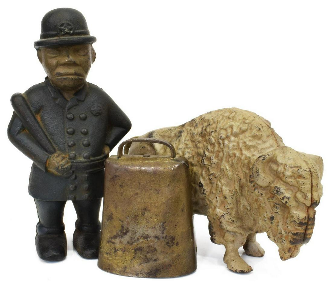 3) CAST IRON BISON & MULLIGAN COIN BANKS, COW BELL (1 of 3)