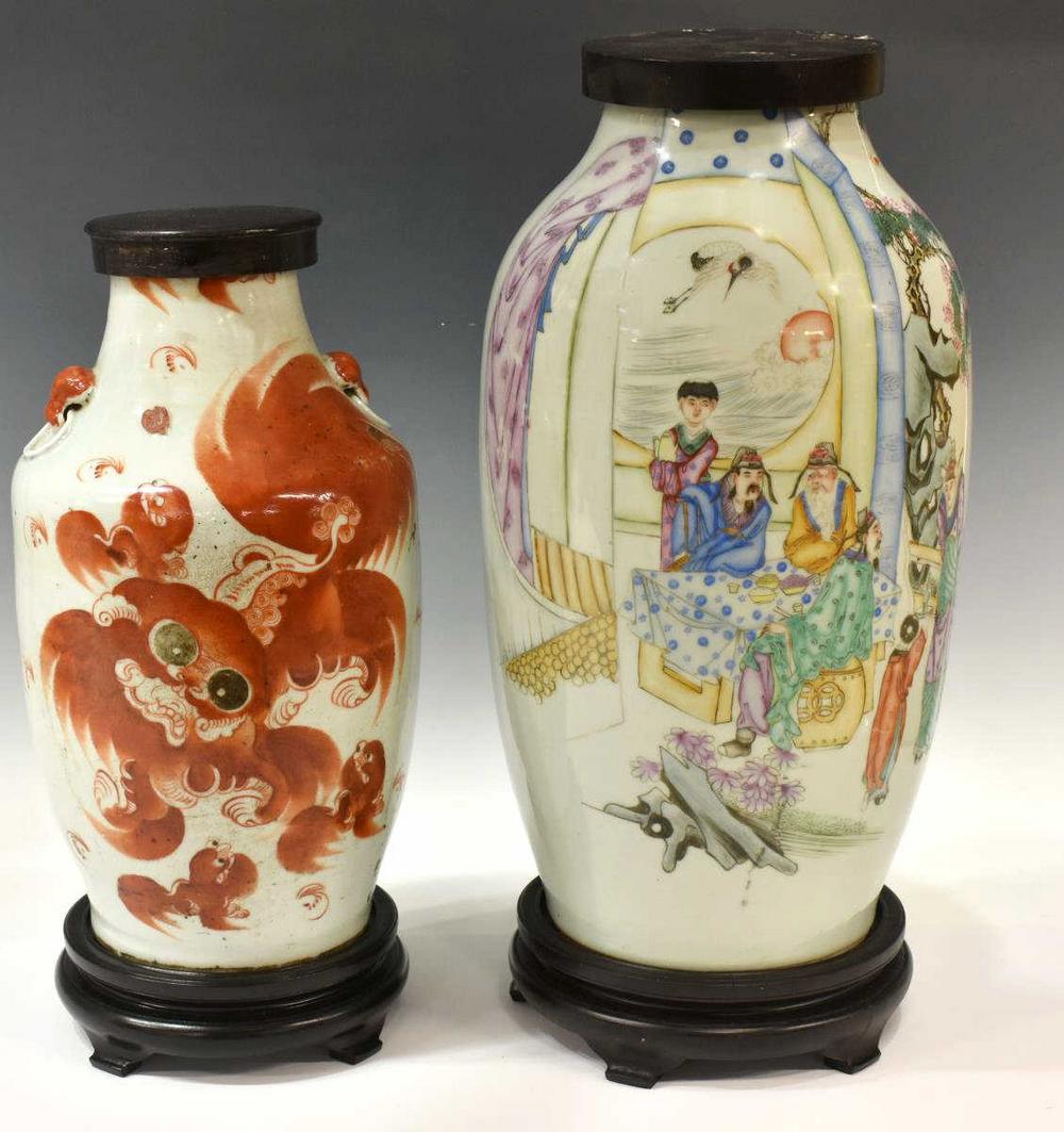 (2) CHINESE FOO LION & FIGURAL PORCELAIN VASES (1 of 5)