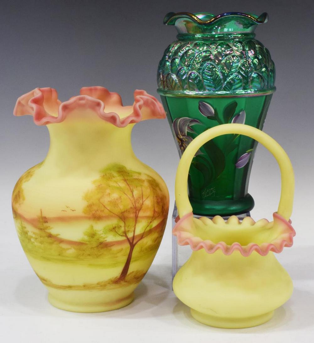 (3) FENTON GREEN LILY & PEACH BLOW ART GLASS VASES (1 of 6)