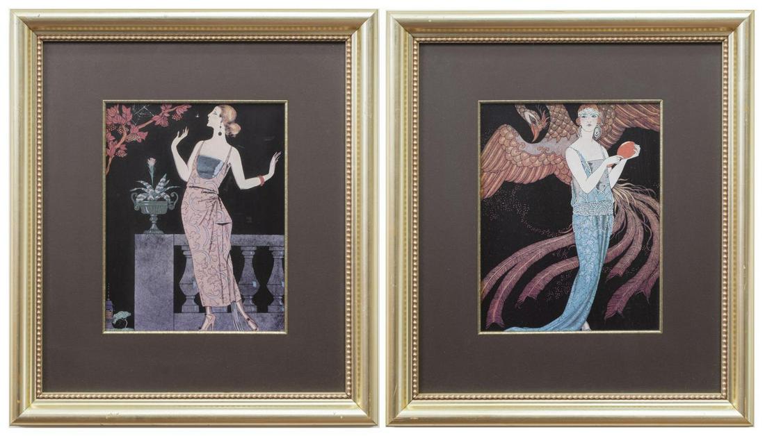 (2) ART DECO STYLE PRINTS AFTER GEORGE BARBIER: (lot of 2) Framed Art Deco style prints on paper, after George Barbier (French, 1882-1932), sight: approx 13.25"h, 10.25"w, overall: approx 24"h, 21"w; 13.5lbs total Start Price: $50.00