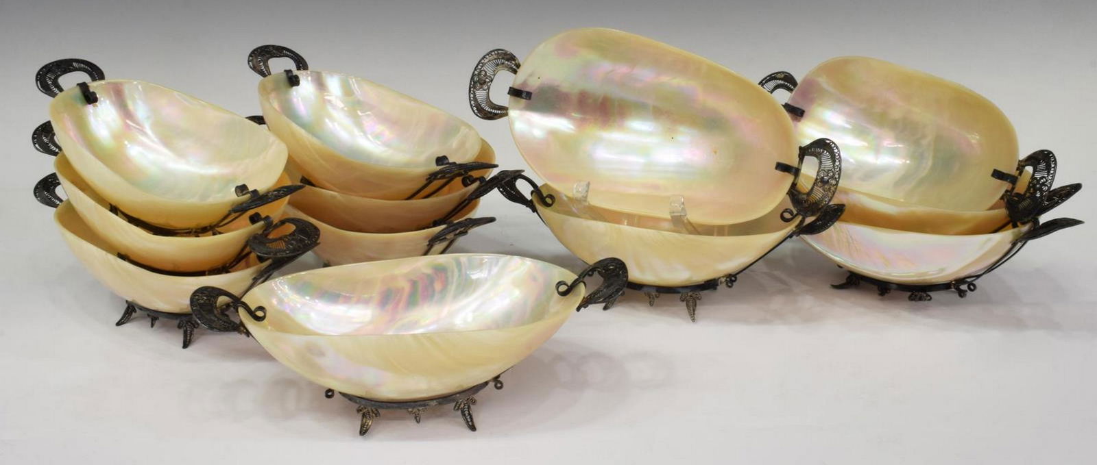 12)MOTHER-OF-PEARL & SILVER FILIGREE CAVIAR DISHES (1 of 3)