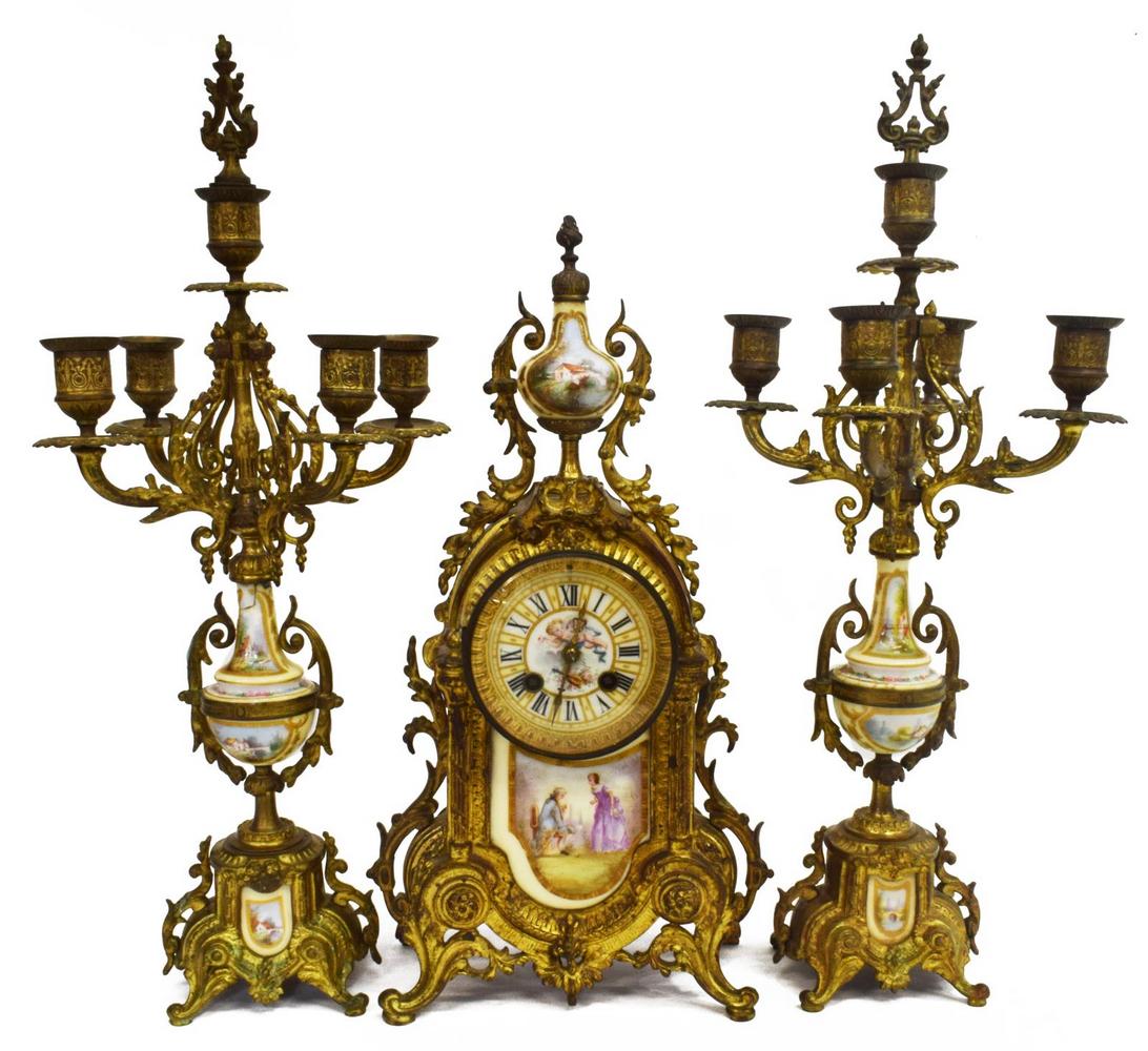 3) FRENCH LOUIS XV STYLE MANTEL CLOCK & CANDELABRA (1 of 4)