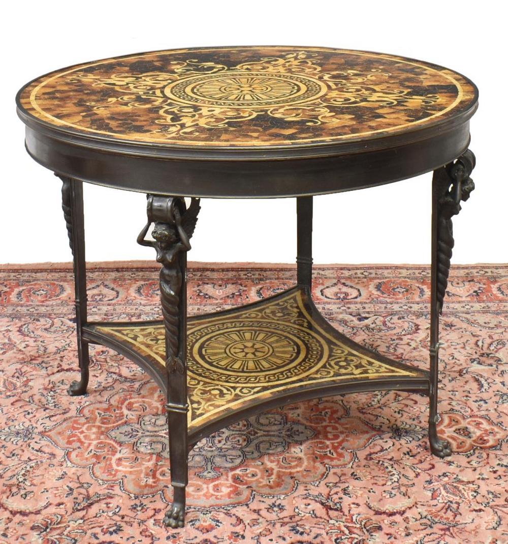 MOSAIC GLASS-TOP FIGURAL BRONZE CENTER TABLE (1 of 3)