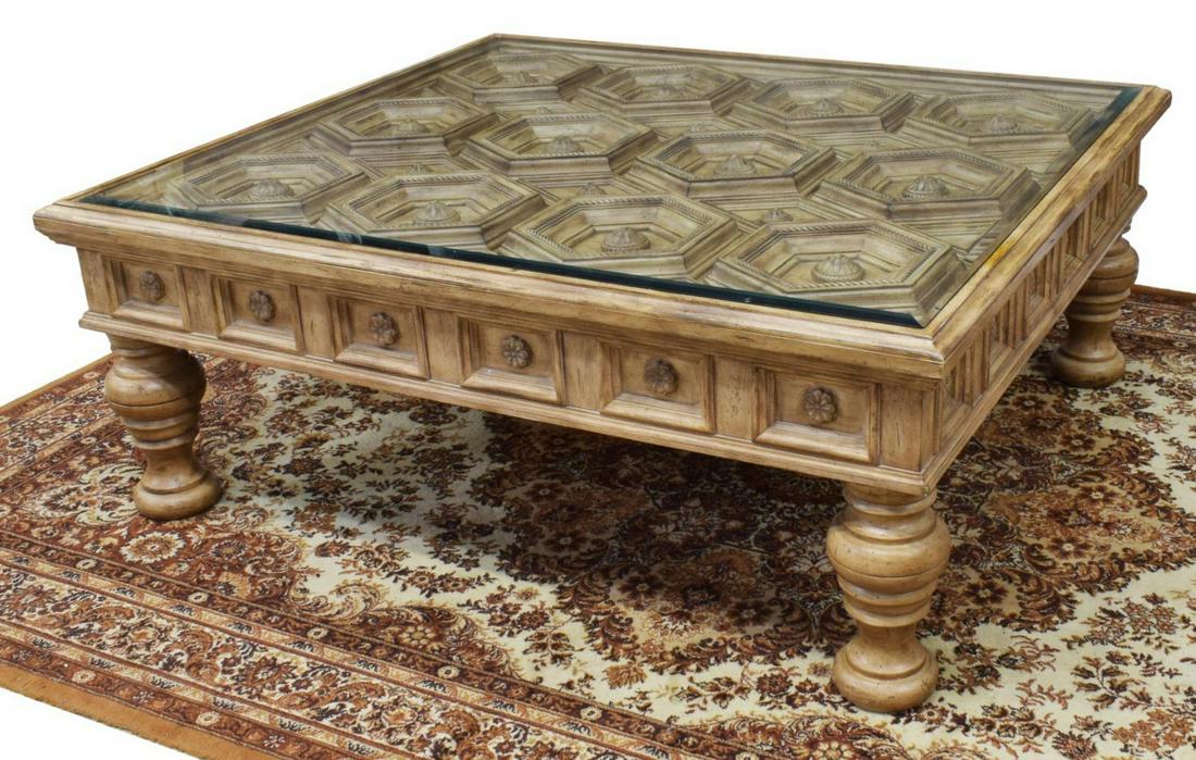 BERNHARDT GLASS-TOP CARVED COFFEE TABLE (1 of 6)