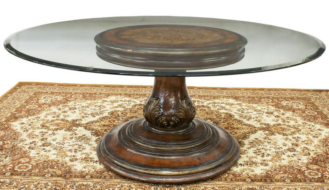 LARGE FRENCH STYLE GLASS-TOP INLAID DINING TABLE (1 of 3)