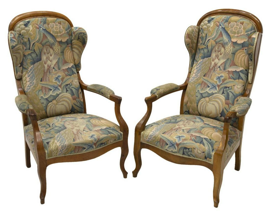 (2) FRENCH FRUITWOOD WINGBACK VOLTAIRE FAUTEUILS (1 of 2)