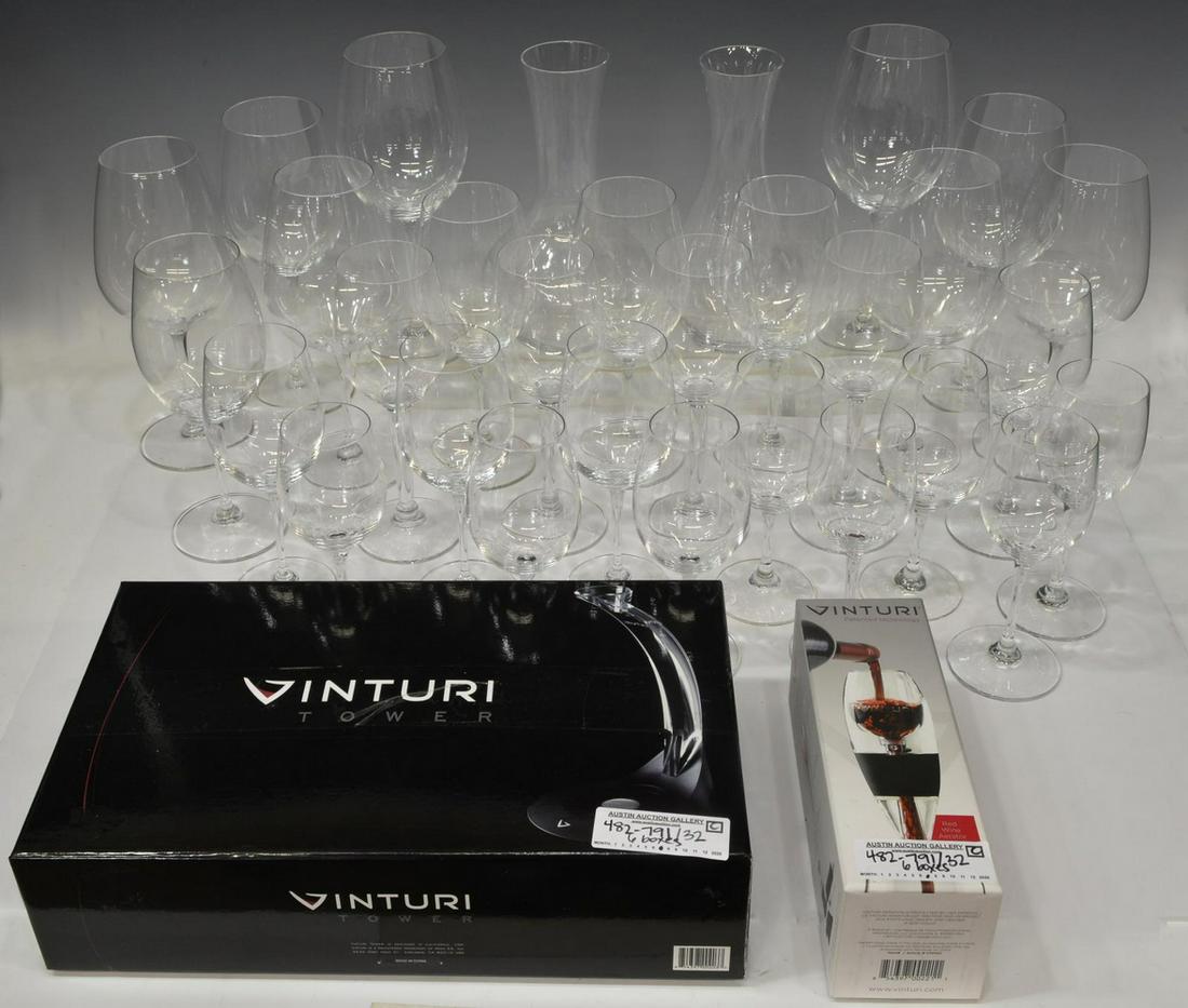 (32) RIEDEL STEMWARE, DECANTERS, & VINTURI AERATOR: (lot of 32) Riedel colorless glass wine stemware and decanters, all having acid etched mark underfoot, comprising: (4) Chardonnay, approx 8.25"h, 2.25"diam, (4) White wine glasses, approx 7.25"h, 2"di