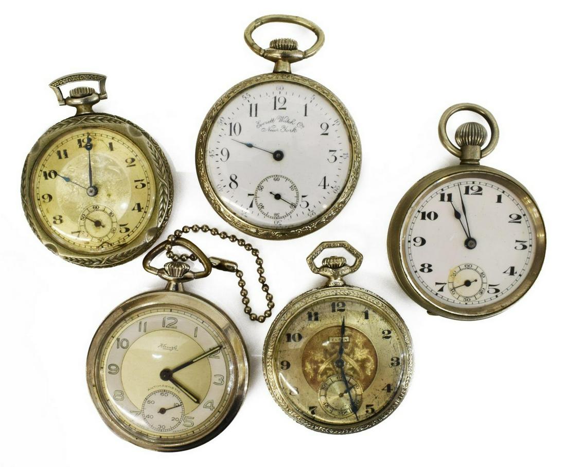 5) OPEN FACE POCKET WATCHES, EVERETT, ELGIN, SWISS (1 of 3)