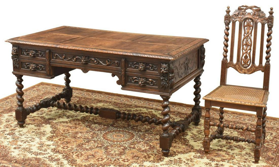 (2) FRENCH HENRI II STYLE CARVED OAK DESK & CHAIR (1 of 7)