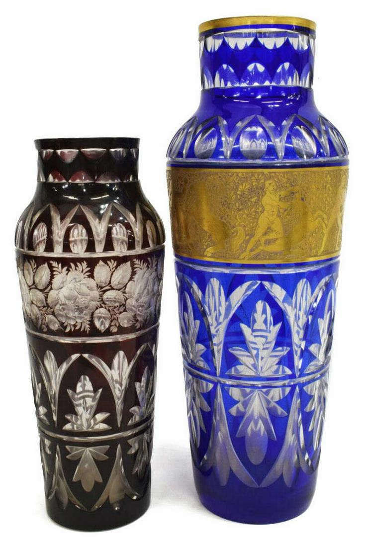 2) BOHEMIAN COBALT & RUBY CUT TO CLEAR GLASS VASES (1 of 4)