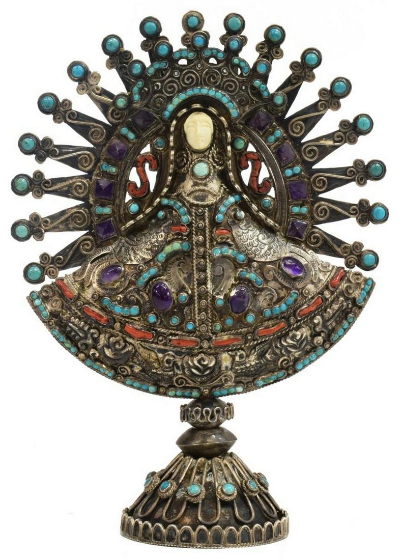 MATILDE POULAT MEXICO JEWELED STERLING MADONNA: Spanish Colonial style sterling silver figure, The Virgin of Remedios, Mexico, mid 20th c., signed verso Matl (Matilde Poulat, d.1960), Salas (Ricardo Salas, 20th c.), radiating halo accented with tur