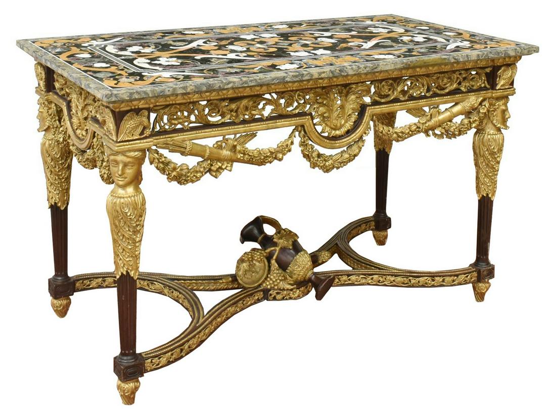 FINE ITALIAN NEOCLASSICAL PIETRA DURA GILT TABLE: Italian console table, 20th c., inlaid marble pietra dura top, giltwood and composition frame with pierced apron, eagles in relief at the corners, swags of floral garlands with quiver of arrows and to