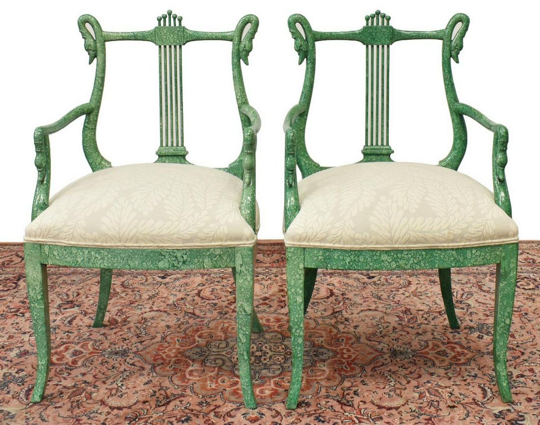 (2) EMPIRE STYLE FAUX MALACHITE LYRE ARMCHAIRS (1 of 2)