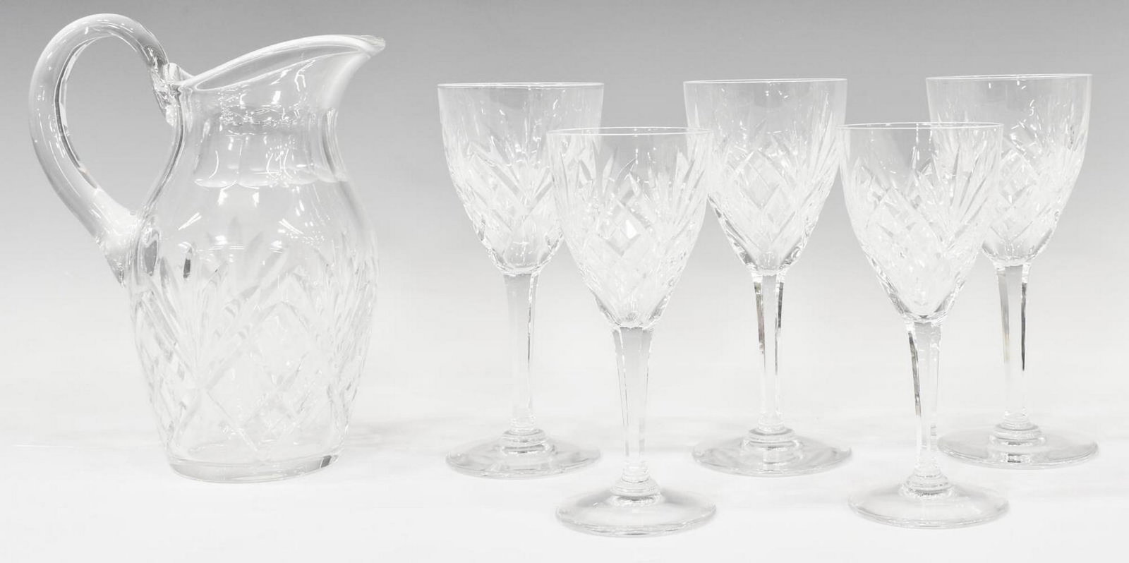 (6) FRENCH ST LOUIS CHANTILLY CRYSTAL STEMWARE: (lot of 6) French St Louis "Chantilly" crystal stemware, including: (3) water goblets, approx 7.75"h, 3.5"diam, (2) burgundy wine stems, approx 7"h, 3"diam, (1) jug/ pitcher, approx 9.25"h; 7lbs total