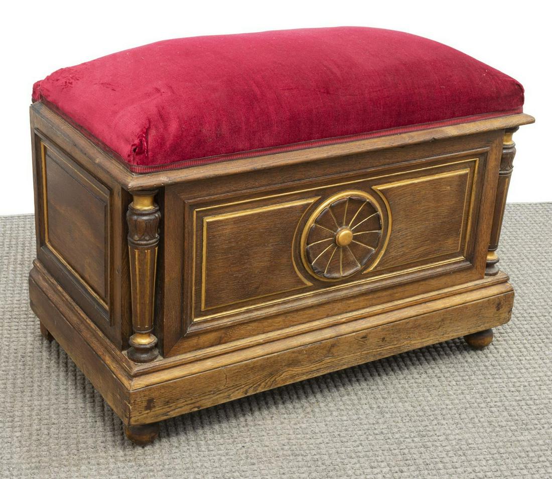 FRENCH UPHOLSTERED BENCH SEAT OAK TRUNK (1 of 4)