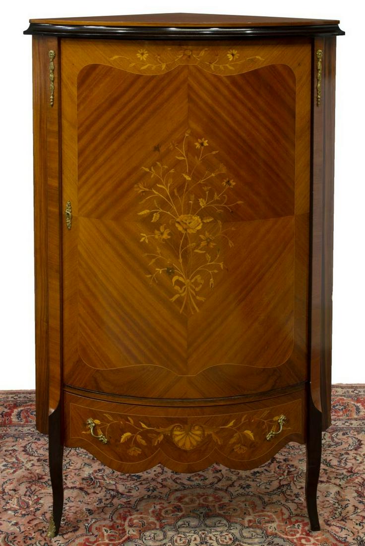 FRENCH STYLE FLORAL MARQUETRY CORNER CABINET (1 of 4)
