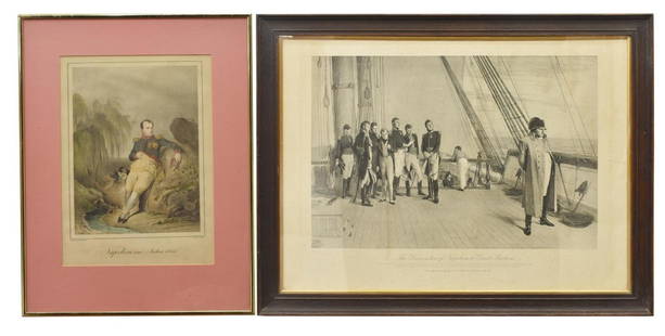 (2) FRAMED NAPOLEONIC PRINTS 1815 SURRENDER TO GB: (lot of 2) Framed prints on paper, including: (1) lithograph, "Napoleon in Jahre 1815," print by Wilhelm Devrient, published by George Gropius (German, 1802-1842), sight: 12.5"h, 9.25"w, overall: 18.2