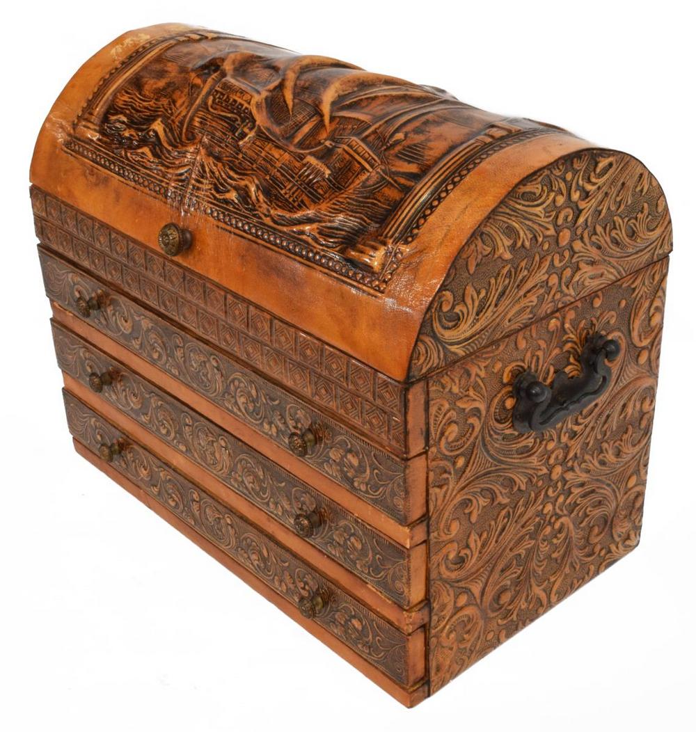 TOOLED LEATHER-CLAD DOMED TOP TRUNK JEWELRY BOX (1 of 5)