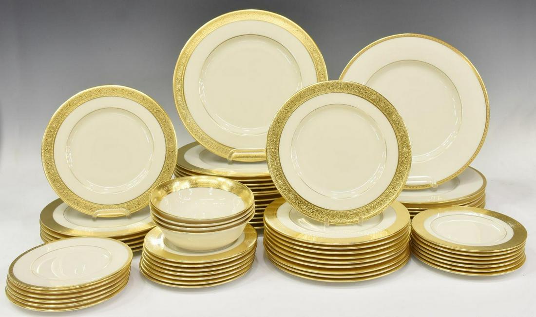 (61) LENOX 'WESTCHESTER & 'S8' BONE CHINA SERVICES: (lot of 61) Group of Lenox bone china partial dinner services: (set) in "Westchester" pattern, having stamped gold border in scrolled motif, marked M-139 underfoot, comprising: (14) bread and butter p