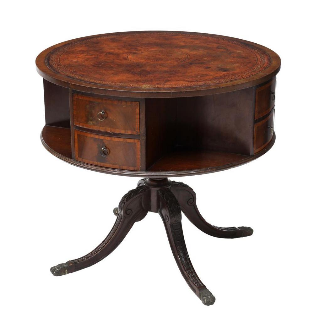 ENGLISH REVOLVING LEATHER-TOP MAHOGANY DRUM TABLE (1 of 3)