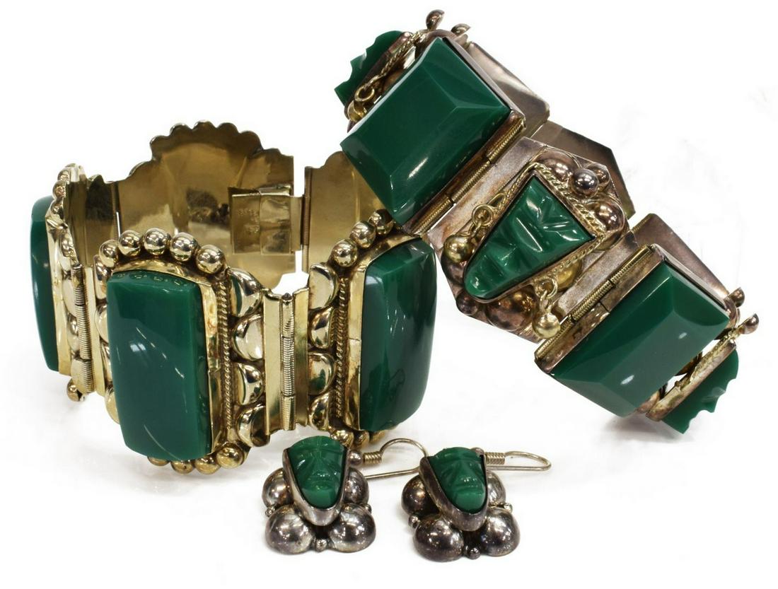 3)STERLING SILVER GREEN INSET BRACELETS & EARRINGS (1 of 9)