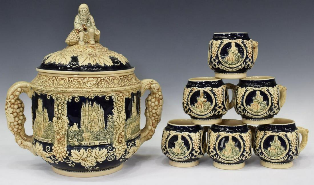 (7) GERMAN GLAZED STONEWARE CASTLES PUNCH BOWL SET (1 of 5)