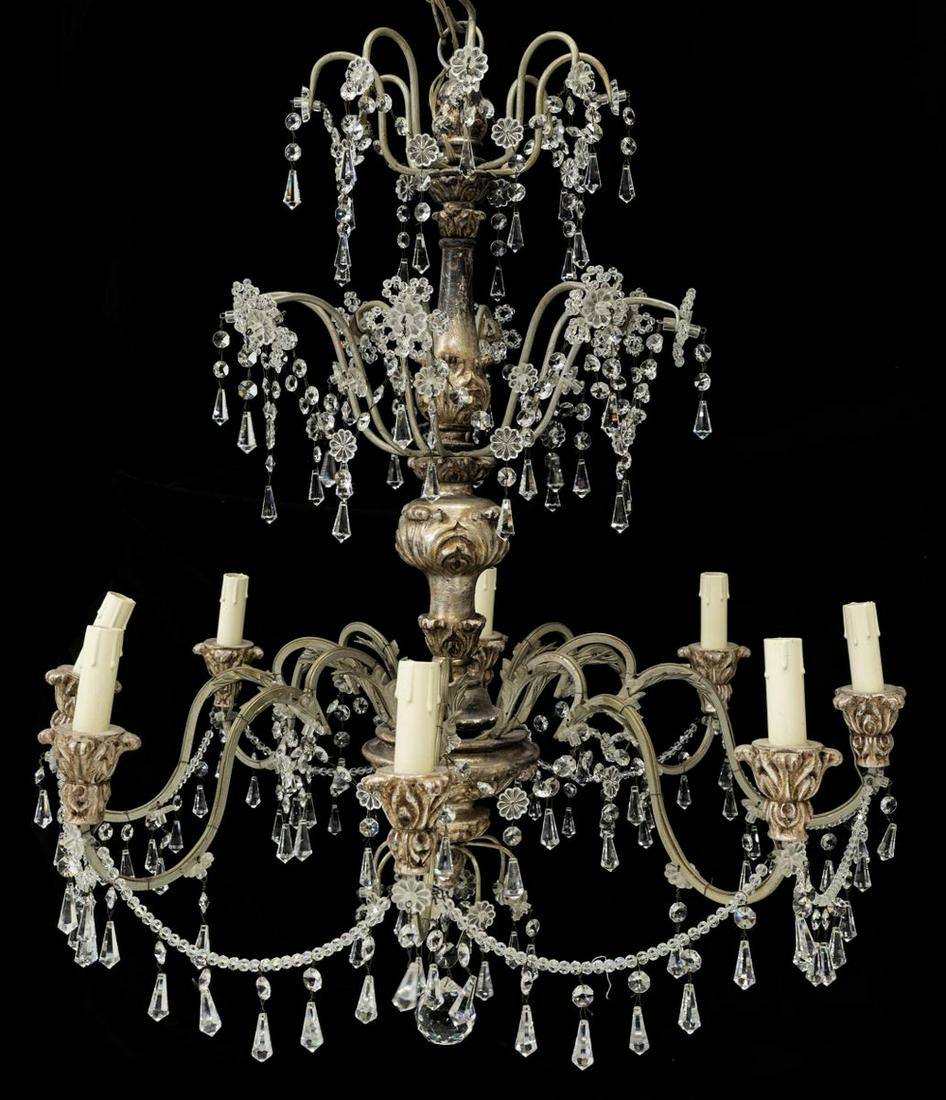 ITALIAN SILVERED WOOD & CRYSTAL 8-LIGHT CHANDELIER (1 of 2)