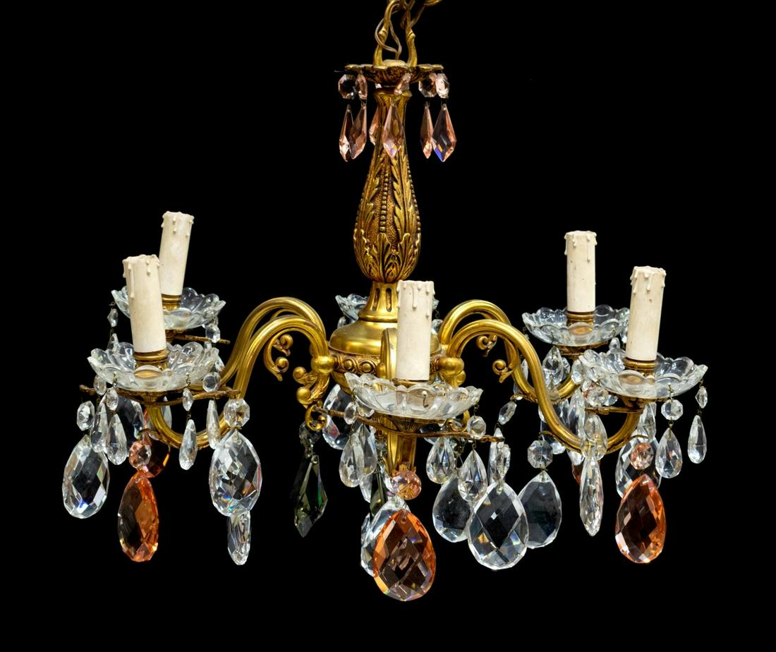ITALIAN GILT METAL & CRYSTAL SIX-LIGHT CHANDELIER (1 of 3)