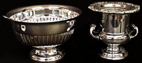 SILVERPLATE PUNCH BOWL & CHAMPAGNE BUCKET, ROGERS: (lot of 2) Collection of large silverplate entertainment pieces including: (1) punch bowl with complimenting ladle; (1) champagne bucket with floral border and handles, base marked "F.B Rogers"; large